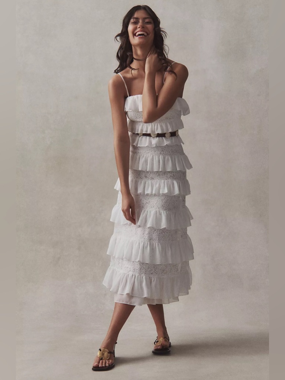 BHLDN Anthropologie Tiered Ruffle Lace Midi Dress White Bridal Size M